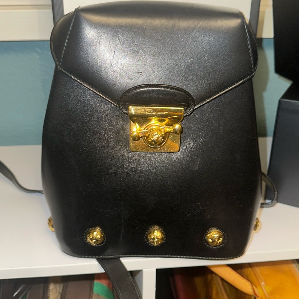 Ferragamo Authentic Black Backpack With Gold Hard… - image 1